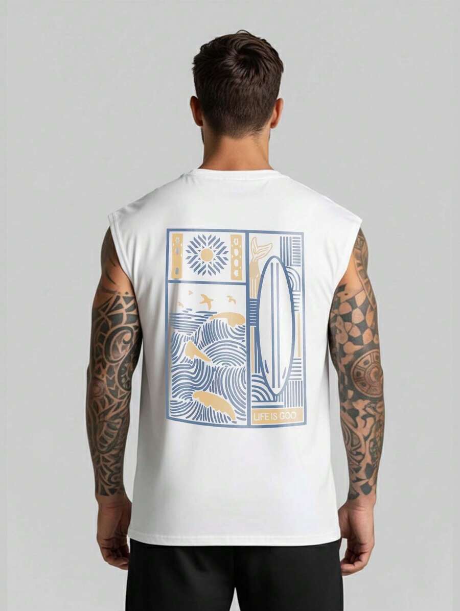 Streetwear T-Shirt Surf Life Is Good Tank Top Oversized Shirt Men's Summer Style Beach Summer Cropped Top Unisex Wide Cotton Gym - trắng - Xem 1