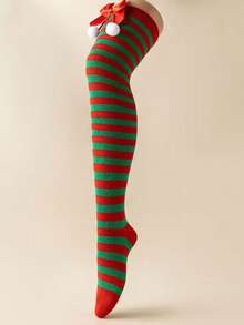 1Pair Christmas Knee High Socks For Women , Striped Long Stockings With Bow & Pom Poms, Holiday Cosplay Party Socks, Cozy Socks