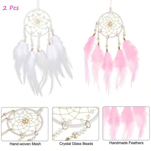 2 Pcs Dream Catchers, Small Handmade Feather Dreamcatcher Supplies Car Charm With Crystal Beads Wall Hanging Decor For Home Car Decoration Ornament Women Friend Gift(Pink+White)