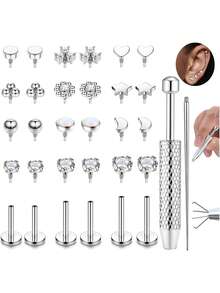 32Pcs 16G 18G Flat Back Stud Earrings For Women - Hypoallergenic Surgical Steel Internal Thread Stud Piercing Jewelry For Tragus Helix Cartilage Conch Nose Gold Silver Lip Labret Medusa Piercing - 銀色調 - 查看 1