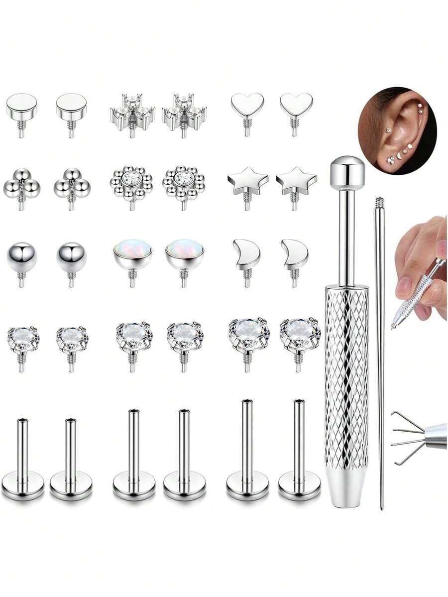 32Pcs 16G 18G Flat Back Stud Earrings For Women - Hypoallergenic Surgical Steel Internal Thread Stud Piercing Jewelry For Tragus Helix Cartilage Conch Nose Gold Silver Lip Labret Medusa Piercing - 銀色調 - 查看 1