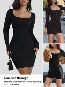 女士黑色紧身连衣裙，方领罗纹长袖修身迷你连衣裙