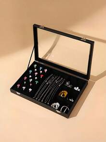 1pc 100-Slot Velvet Sponge Ring Display Box, Jewelry Storage Box, Display Box, Ring Cufflink Jewelry Tray, Necklace Storage Box With Transparent Cover, High Quality 20-Hook Necklace Display Tray With Transparent Glass Cover, Suitable For Women And Girls Jewelry Pendant Storage Box (Black), 20-Hook Necklace Jewelry Box, Jewelry Box Can Hold 100 Rings