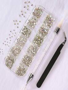 12格6种尺寸透明水晶AB水钻，包含镊子和点钻笔，2000颗3D圆形水晶美甲装饰，适用于面部和眼部化妆，DIY美甲工艺 - 彩色 - 查看 2