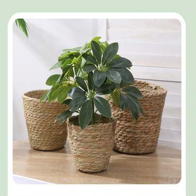 1pc Handwoven Straw Planter Basket, Wicker Plant Pot Cover For Home, Living Room Decor