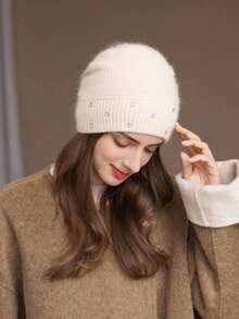 1pc Women's Rabbit Fur Knit Rhinestone Beanie Hat, Autumn/Winter Warm Thick Windproof Ski Cap, Fashionable & Versatile