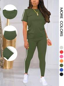 2pcs/Set Striped Round Neck Short Sleeve Sportswear Top & Pants