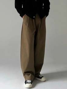 Men Casual Slim Fit Solid Color Pants, Soft & Comfortable - Suitable For Daily Commute, Casual And Business Wear, Fall - Brown - View 3