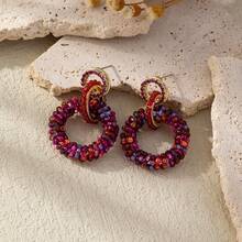 1 Pair Handmade Seed Bead, Rhinestone & Crystal Hoop Earrings, Unique Floral Pattern & Color Variations - Red Violet - View 3