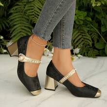 Women's High Heels, French Retro Pearl Buckle High Heels, Embroidered Fabric Upper, Comfortable Lining Fabric, Thick Heel Square Toe Jacquard Women's Shoes, Elegant Temperament Women's Shoes, Suitable For Leisure Travel, Holiday Parties - 黑色 - 查看 4