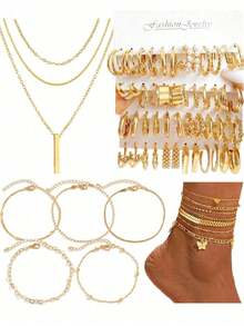 38-68pcs Middle Eastern Style Elegant Vintage Butterfly, Heart, Pearl, Twist, Star, Moon, Rhinestone, Snake Chain, Braided Chain, Geometric C-Shaped Earrings, Necklace, Ring, Bracelet Jewelry Set For Holiday, Party, Gift,Random Jewelry