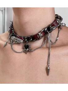 1 chiếc vòng cổ da đinh tán hình trái tim màu đỏ phong cách Gothic cổ điển, vòng cổ choker phong cách Punk Rock dành cho nữ, thích hợp để đeo hàng ngày và đi tụ tập - Xem 1