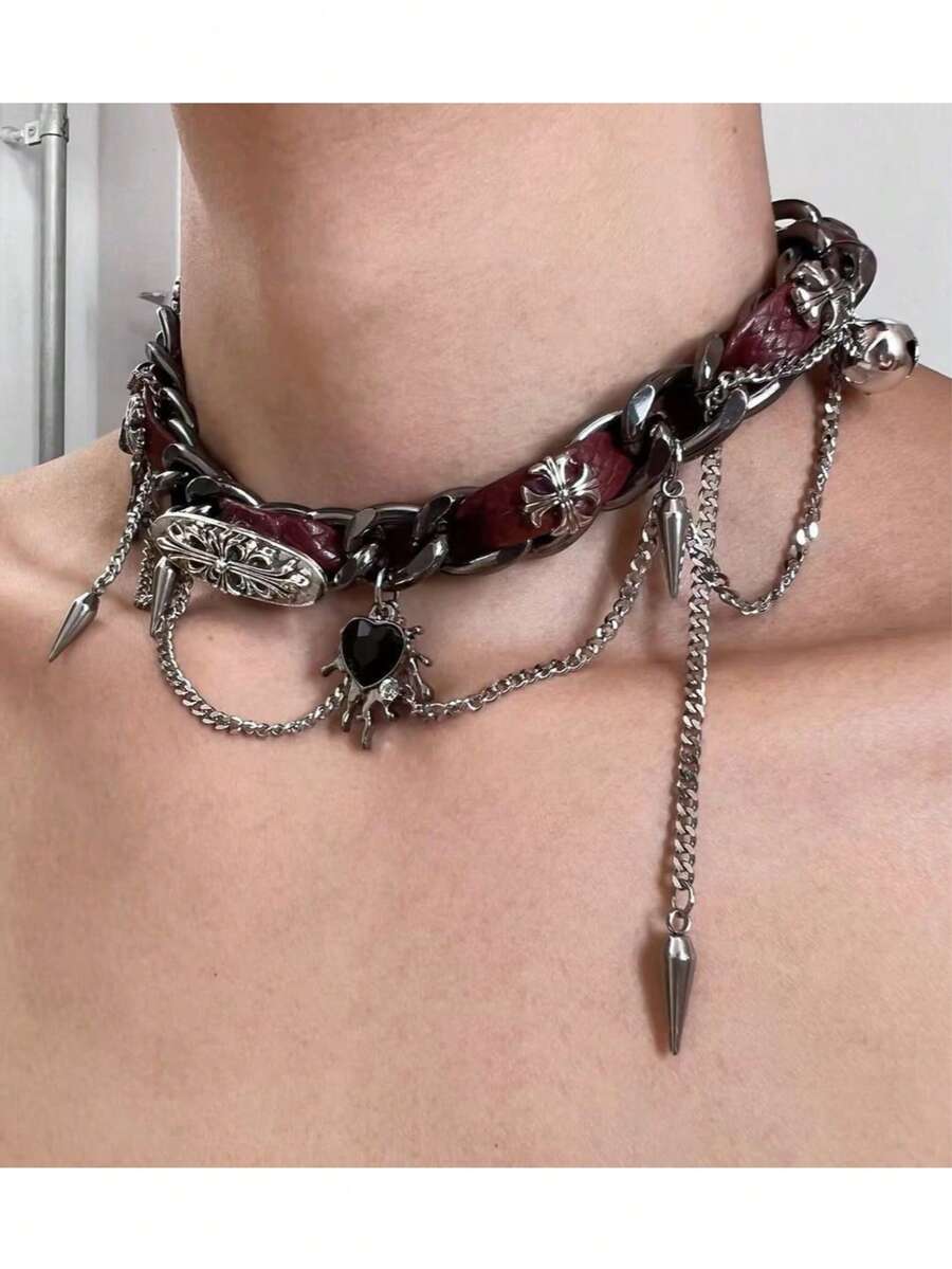 1 chiếc vòng cổ da đinh tán hình trái tim màu đỏ phong cách Gothic cổ điển, vòng cổ choker phong cách Punk Rock dành cho nữ, thích hợp để đeo hàng ngày và đi tụ tập - Xem 1