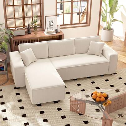  HOMCOM Sectional Sofa With Changeable Chaise Lounge, 95" L-Shaped Corner Sofa With Corduroy Fabric, Pocket Spring, 2 Pillows, 3-Seater Couch For Living Room, Cream White