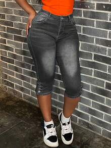 WGXWGX Womens Capri Jeans Casual Fashionable Denim Pants With Side Button For Spring And Summer Stylish Capri Trousers Comfortable Wear - 灰色 - 查看 1
