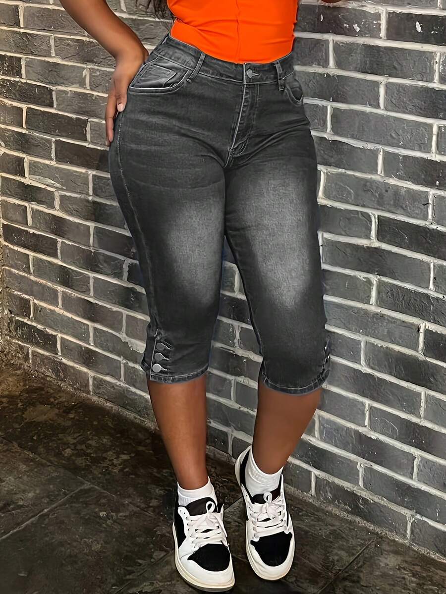 WGXWGX Womens Capri Jeans Casual Fashionable Denim Pants With Side Button For Spring And Summer Stylish Capri Trousers Comfortable Wear - 灰色 - 查看 1