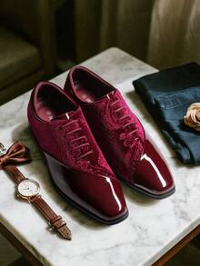 Men's Dress Shoes Classic Lace-Up Caden Glossy Velvet Formal Oxford For Business Dinners  Parties Cocktail Events Weddings  Valentine's Day Gifts - Burgundy - View 2