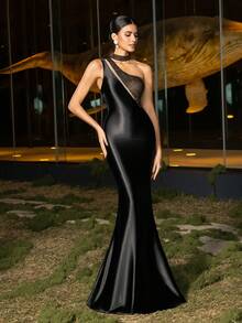 Faeriesty Gorgeous Sleeveless Floor-Length Mermaid Evening Gown With Choker Neckline & Bust Rhinestone Detail In Satin Fabric – Perfect For Formal Parties & Weddings