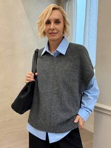 Livesso 1pc V Neck Solid Casual Sweater Vest For Autumn And Winter - Grey - View 7