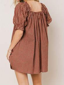 Women Plaid Summer Dress Loose Bow Square Neck Puff Sleeve Short Dress For Daily Travel - 紅色 - 查看 6