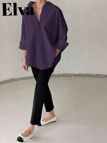 复古奢华风长袖宽松衬衫，适合女性办公室穿着，包括工作上衣、秋季、返校季正装、男友风教师装、商务休闲装、冬季、新年和夏季上衣。情人节春季也适用。 - 紫色 - 查看 9