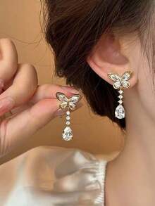 1 Pair Boho Butterfly Tassel Earrings And Stud Earrings, Butterfly Crystal Drop Earrings Gold Chandeliers Earrings Rhinestone Tassel Dangle Earrings Cz Butterfly Stud Earrings Jewelry For Women