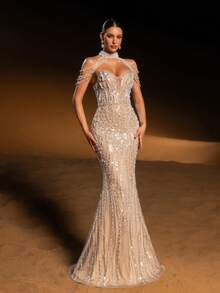 Faeriesty Haute Glamour Elegant Sparkly Mermaid Evening Gown With Sequins And Bead Accents, Delicate Pearl-Chain Straps, Sheer Tulle Fish-Tail Skirt – Perfect For Weddings, Red-Carpet Events, Evening Galas & Award Ceremonies For Women