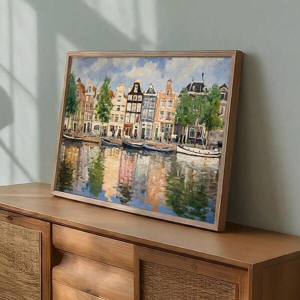 1pc Unframed Abstract Amsterdam Landscape Poster Holland Cityscape Wall Art Canvas Print Minimalist Aesthetic Decor Painting For Aprtment,Living Room,Bedroom,Modern Home Decoration