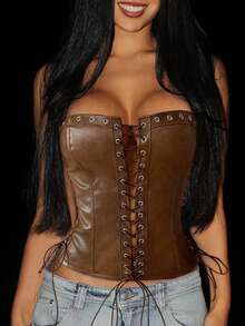 Top corto de estilo punk de cuero sintético PU con remaches y cordones delanteros, espalda descubierta, adecuado para salir, citas, Halloween, mujeres - Marrón - Ver 8