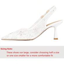 Slingback Wedding Heels For Women Bridal Lace Mesh Kitten Heel Closed Pointed Toe Pearl Pumps Shoeshalloween - White Lace - View 7