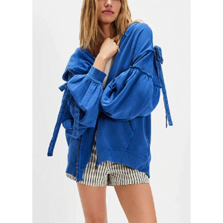 Women Oversized Zip Up Sweatshirt Open Front Loose Fit Long Sleeve Tie Bow Hoodies Y2K Streetwear With Pockets - 藍色 - 查看 1