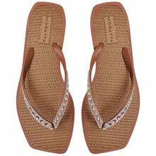 Chinelo Feminino Strass Lumix Solado Palha Estiloso Praia glitter - Caramelo - Visão 2