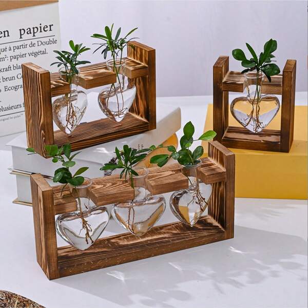 1 Set, Hydroponic Plant Terrarium Heart Vase With Wooden Stand, Indoor Hydroponic Plant Propagation Station For Home Office Garden Decoration, Gift For Flower Pot Lovers
