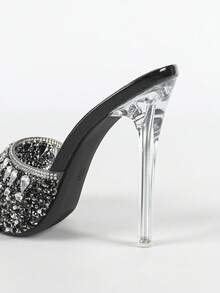 Spring/Summer Women's High Heels, Round Toe, Transparent Heel, Comfortable, Luxurious, Sparkling Rhinestones, Suitable For Parties, Gatherings, Balls, Fashionable Women's Sandals - Black - View 7
