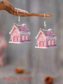 Brincos com pingente de casa de neve rosa 2D, fofos e charmosos, design impresso em acrílico plano frente e verso, modernos e leves, adequados para uso diário e festas femininos, ótimo presente para Halloween, Natal, Dia dos Namorados, Dia das Mães