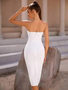 ADYCE Vestido Tubinho Elegante com Detalhes de Strass, Médio e Longo, Vestido de Coquetel de Festa de Casamento, para Baile de Formatura, Aniversário, Festa à Noite, Festa de Recepção de Casamento, Festa Familiar, Festival, Vestido Branco de Ano Novo