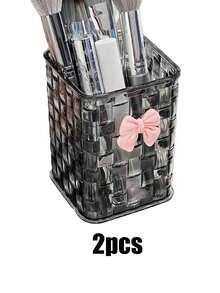 2pcs Transparent Desktop Organizer Box With Decorative Pink Bowknot,Clear Acrylic Desk Organizer,Bathroom Storage Box Toothbrush And Toothpaste Box,Desktop Pen Holder,Clear Acrylic Desktop Organizer,Luxurious Rattan Textured Desktop Storage Box,Multifunctional Organizer Rack,Pen Holder And Storage Case, Ideal For Back-To-School Supplies, Office, Dormitory,And Desk Essentials,1pc