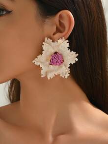 1 pereche cercei eleganți cu model floral texturat, dublu strat, bej, cu model floral, cercei vintage exagerați cu model floral multistrat, potriviți pentru ținutele zilnice, de vacanță și de petrecere ale femeilor