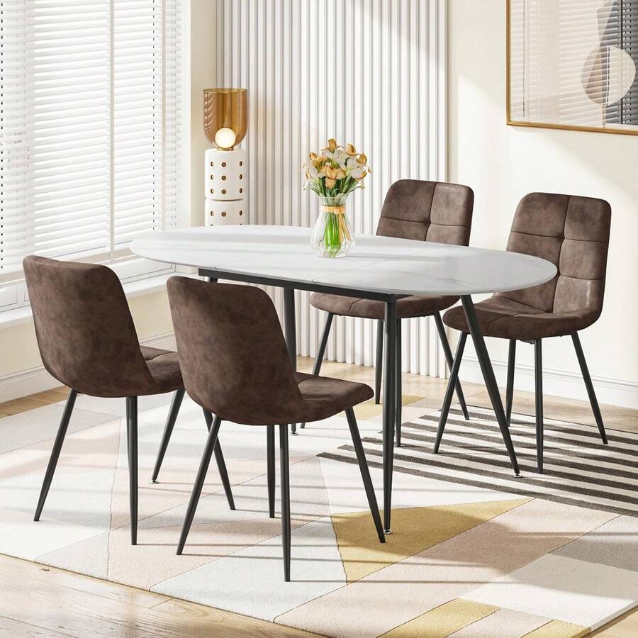 Extendable Dining Table And Chairs Set 4, 120-160cm Oval Marble Effect Table With 4 Brown Upholstered Tech Fabric Chairs For Dining Room, Kitchen - 4 PU marrón de 6 puntas - Ver 1