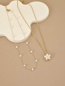 2 piezas Elegante y exquisito conjunto de collar de mujer con flor giratoria de perla de acero inoxidable, joyería de acero inoxidable impermeable, collar dorado, joyería de alta calidad chapada en oro, collar de otoño, regalo de cumpleaños, regalo para parejas, regalo de pareja, regalo