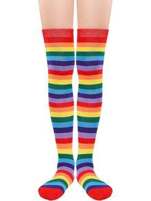 Womens Thigh High Socks Striped High Knee Socks Knee High Socks For Cosplay Long Socks Over The Knee Leg Warmers - Z Red Rainbow - View 8