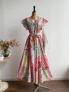 Rusttydustty Bohemian Style Pink Floral V-Neck Ruffle Sleeve Casual Dress, Suitable For New Year, Valentine's Day And Other Occasions