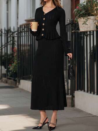 2pcs Women's Outfit, Solid Color Stretchy Knit Top With V-Neck Cardigan And Solid Color Wavy/Mermaid Hem Knit Skirt, Suitable For Autumn/Winter