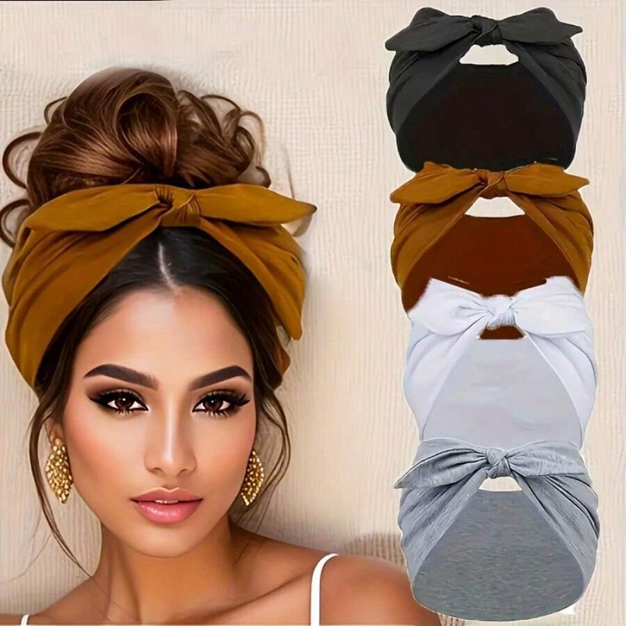 4-Pack Wide Rabbit Ear Elastic Ribbon Hair Accessories Set, Sports Yoga Headband, Soft And Comfortable Wide-Brimmed Headband, Women's Valentine's Day/Christmas Gift. Non-Slip Soft Elastic Headband, African Style Thick Sports Gym Headband, Headband. - 4個兔耳頭帶 - 查看 1