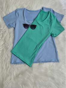 KIT OF 2 PLUS SIZE SHORT SLEEVE TOPS FOR WOMEN'S FASHION - XANH DƯƠNG NHẠT/XANH LÁ NHẠT - Xem 1