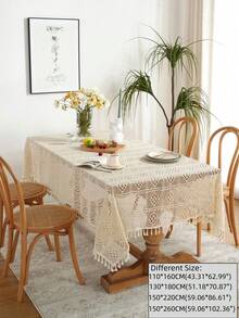 1 件复古钩针流苏桌布，简约设计桌垫，农舍蕾丝餐桌装饰，圆形/方形桌面盖，适用于厨房、梳妆台、婚礼派对 - 米色 - 查看 17