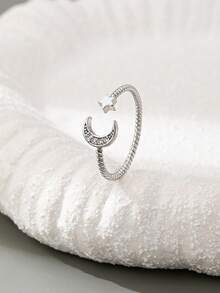 1 Pc Minimalist Zirconia Star Moon Ring For Women Pave Crystal Bling Bling Shining Rings Jewelry , Adjustable Free Size Ring
