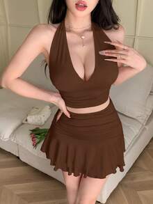 abyoxi Women's Brown Sexy Deep V-Neck Side Ruched Backless Spaghetti Strap Lace-Up Crop Top With Ruffle Mini Skirt And Shorts 2pcs Set, Elegant Casual Summer - Brown - View 4