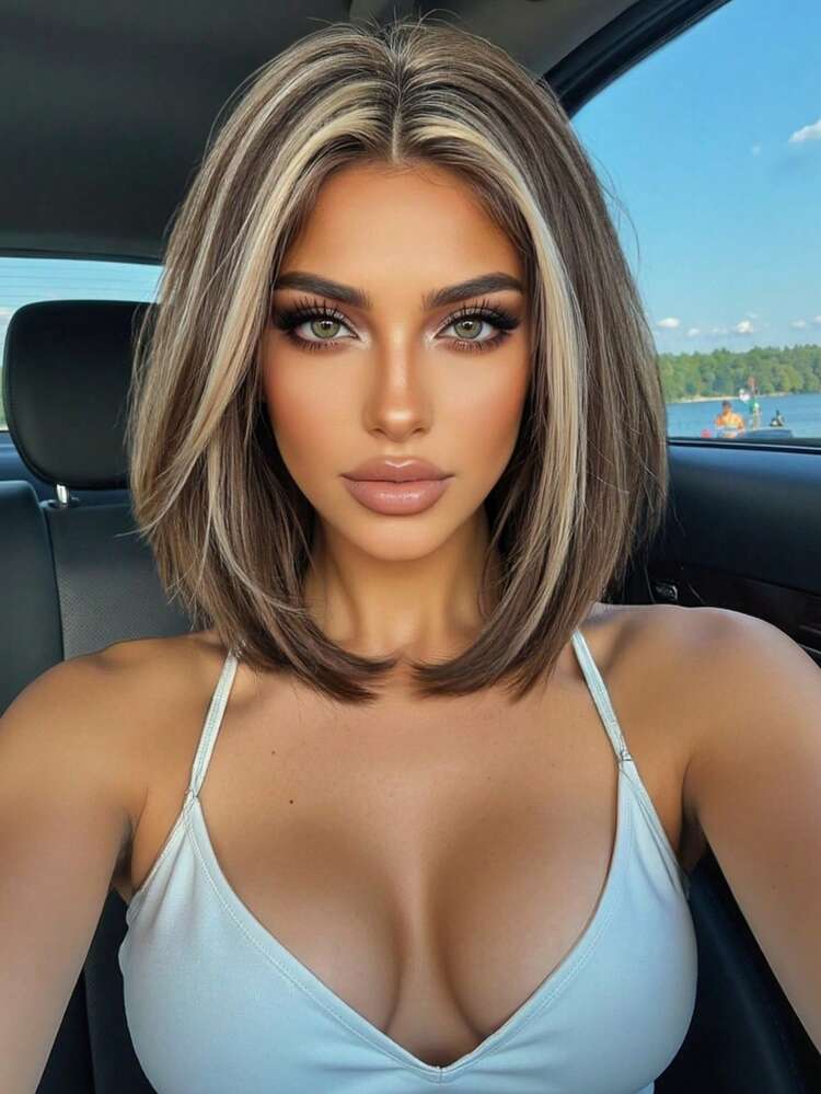 Peluca corta de bob ondulado de 10 pulgadas con reflejos, peluca de cabello sintético resistente al calor, adecuada para uso diario, fiestas, se ajusta a una circunferencia de cabeza de 53-58 cm - Resaltar marrón - Añade 12