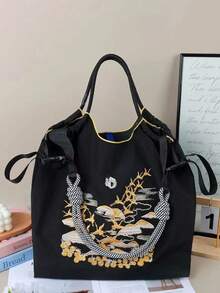1pc New Fashion Embroidered Crane Pattern Lightweight Nylon Large Capacity Tote Bag, Adjustable Shoulder Strap, Suitable For Party, Travel, Shopping And Beach